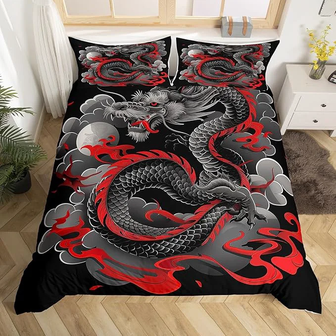 Fashionable Feelyou Dragon Bedding Set King Size Kids Japanese Ukiyoe Comforter Cover Set Japanese Style 3D Dragon Anime Ancient Wildlife Sun Duvet Cover Black Bedspread Cover Room Decor Quilt Cover No Comforter Prestigious