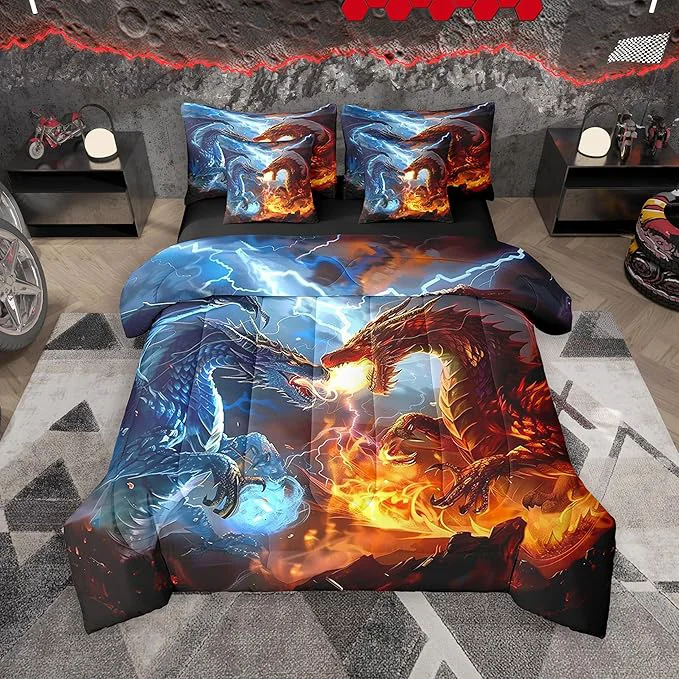 High-Quality Feelyou Medieval Dragon Comforter Set 7 Pieces Queen Size Lightning Fire Pattern Bedding Set for Boys Girls Ancient Wildlife Bed in a Bag with Comforter Sheets Pillowcases amp Cushion Covers Exclusive