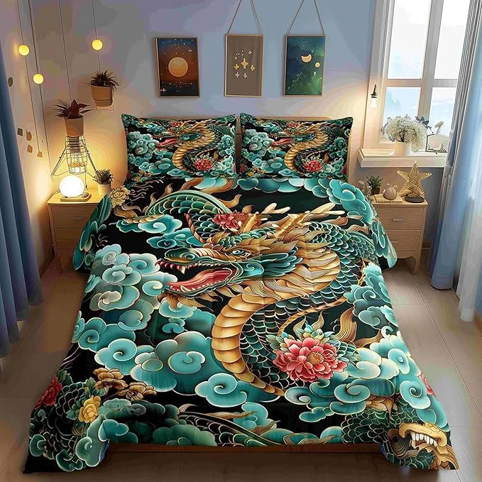 Original Design Chinese Loong Comforter Set for Kids Propitious Cloud Bedding Set Teens Boys Room Decor Exotic Chinese Style Comforter with 1 Pillowcase for All Seasons Twin Crafted