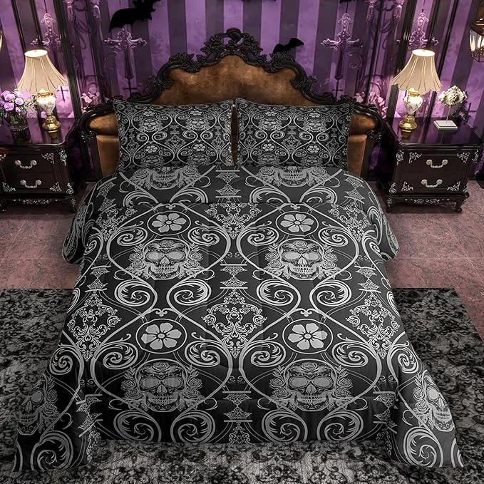 Classic Feelyou Adults Grey Vintage Damask Floral Comforter Set Oriental Antique Comforter Full Size Exotic Sugar Skull Rose Bedding Set Gothic Bohemia Boho Duvet Set Quilt Set 3Pcs Luxury