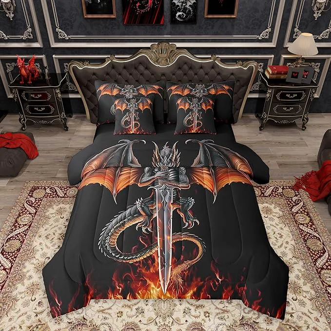 High-Grade Feelyou Medieval Dragon Comforter Set 7 Pieces Queen Size Sword Fire Pattern Bedding Set for Boys Girls Ancient Wildlife Bed in a Bag with Comforter Sheets Pillowcases amp Cushion Covers Original Design