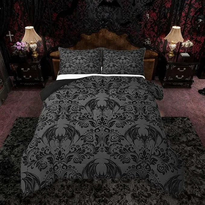 Eco-Friendly Feelyou Adults Gothic Comforter Set Twin Size Dark Olive Green Damask Comforter Bat Bohemia Boho Bedding Set Goth Duvet Set Vintage Victorian Baroque Floral Quilt Set 2Pcs Premium Material