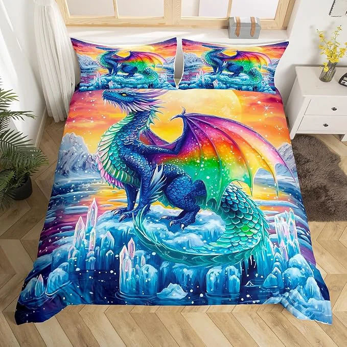 Premium Feelyou Dragon Bedding Duvet Cover Set Full Size 3D Dragon Theme Bedding Set for Kids Boys Decor Ancient Wildlife Dragon Deep Animal Scale Ice Comforter Cover Set Colorful Bedspread Cover No Comforter Relaxed