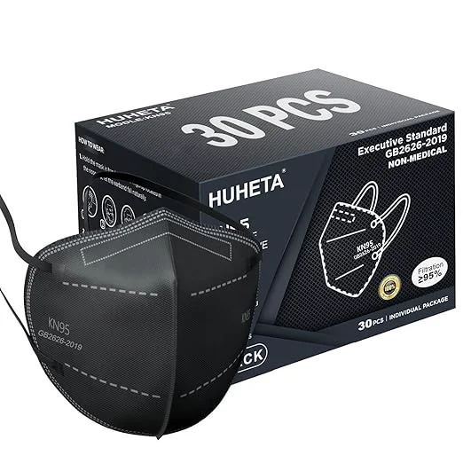 Official HUHETA KN95 Face Masks Packs of 30 Individually Wrapped 5-Ply Breathable and First-Class