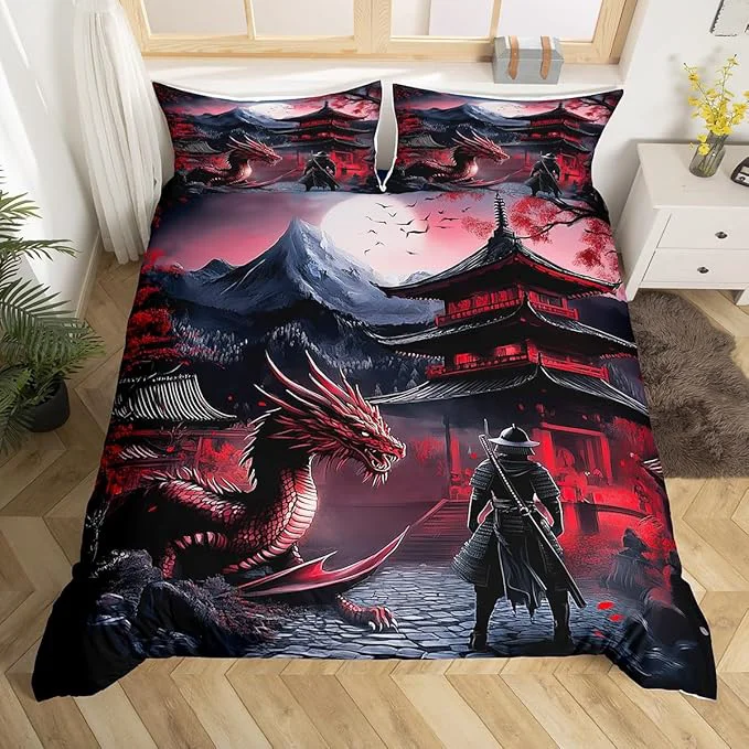 Unique Feelyou Dragon Bedding Set Queen Size Kids Samurai Comforter Cover Set for Boys Japanese Style 3D Dragon Theme Anime Ancient Wildlife Duvet Cover Red Bedspread Cover Quilt Cover No Comforter Reliable