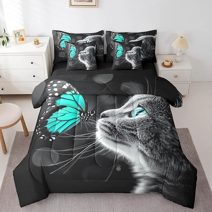 Organic Feelyou Cute Cat Comforter Set 7 Pieces Full Size Butterfly Bedding Set for Boys Girls Kawaii Pet Kitten Bed in a Bag with Comforter Sheets Pillowcases amp Cushion Covers Recyclable