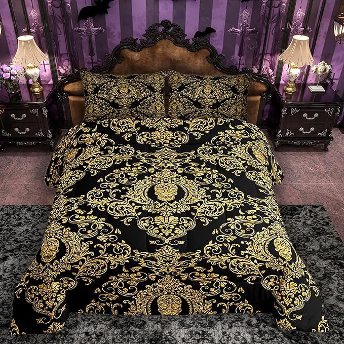 Professional Feelyou Adults Golden Vintage Damask Floral Comforter Set Oriental Antique Comforter Twin Size Gothic Bohemia Boho Bedding Set Exotic Sugar Skull Duvet Set Quilt Set 2Pcs Environmentally Friendly