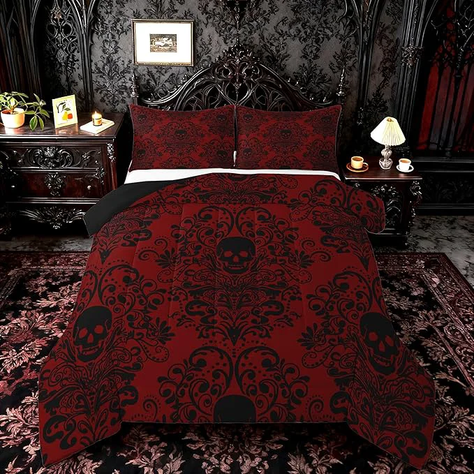 Trendy Feelyou Adults Gothic Skull Bedding Set King Size Kids Damask Print Comforter Goth Bohemian Duvet Breathable Soft Lightweight Microfiber Black Red Room Decor with 2 Pillowcases Premium