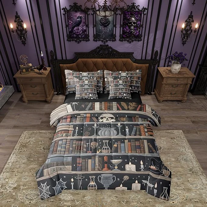 Carefully Designed Feelyou Bookshelf Comforter Set 7 Pieces Full Size Vintage Library Bedding Set for Boys Girls Book Skull Bed in a Bag with Comforter Sheets Pillowcases amp Cushion Covers Certified