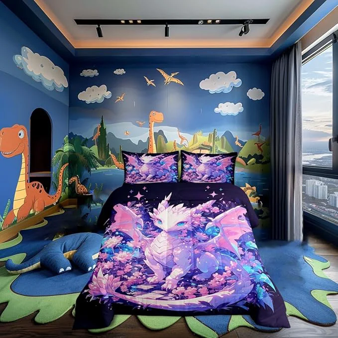 First-Class Cartoon Dragon Wildlife King Size Comforter Duvet Set Kids Dragon Ultra Soft Bed Collection Watercolor Flower Bedding for Room Decor 3 Pcs Microfiber Breathable Long-Lasting