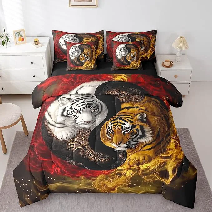 Certified Feelyou Tiger Comforter Set 7 Pieces Queen Size Yin Yang Boho Trippy Bedding Set for Boys Girls Wildlife Bed in a Bag with Comforter Sheets Pillowcases amp Cushion Covers Flexible