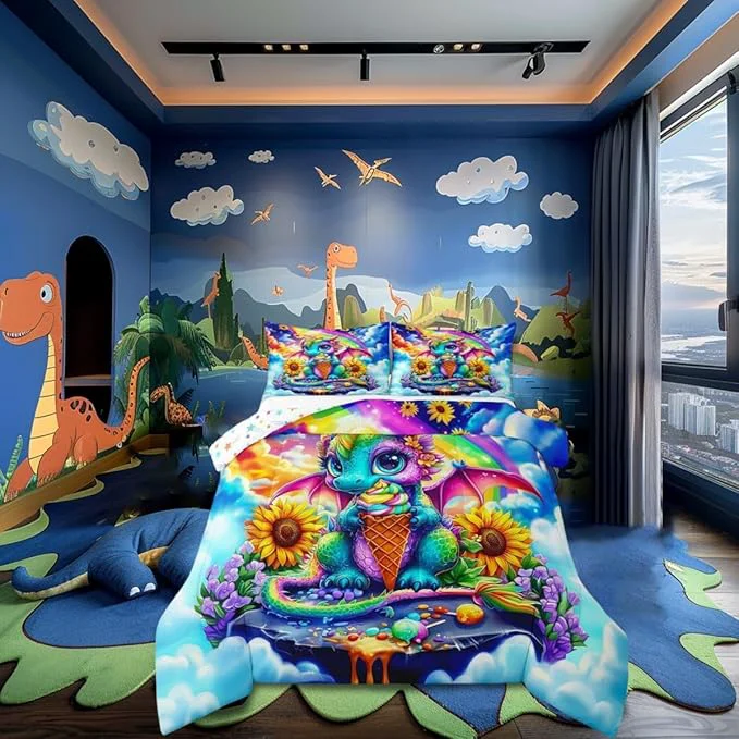 Fine Castle Fairy Watercolor Sunflower Flowers 3 Pcs Queen Size Comforter Set Ice Cream Dessert Colorful Sky Down Adults Room Decor Cartoon Dragon Ultra Soft Microfiber Inner Fill 3Pcs Bedding Crafted