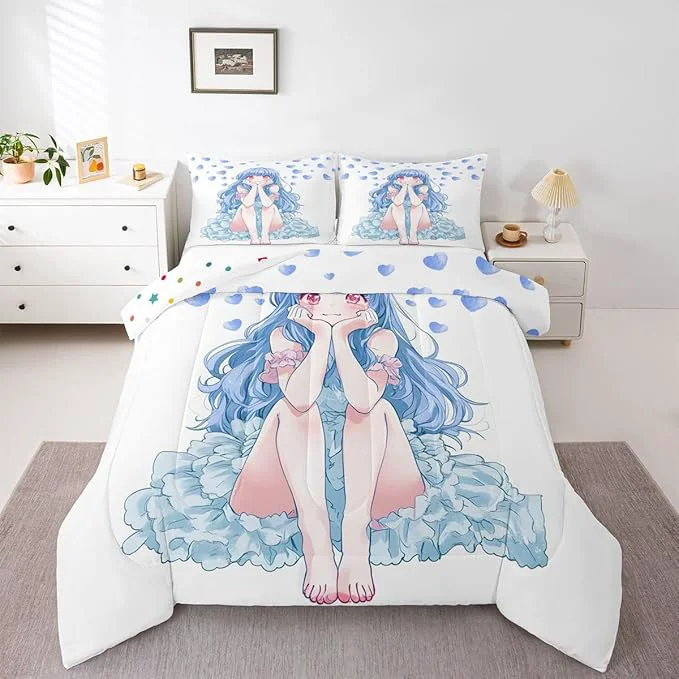 Original Design Erosebridal Blue Girly Anime Kids Down Comforter King Cute Cartoon Girl Comforter Set Romantic Aesthetic Bedding Set Kawaii Watercolor Love Heart Quilt Set 2 Pillow Cases Comfortable