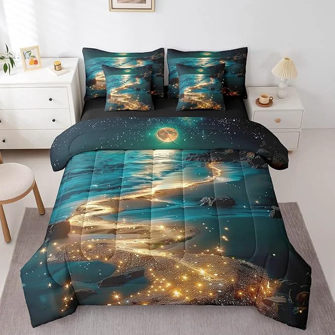 Smart Feelyou Moonlight Beach Comforter Set 7 Pieces Full Size Seaside Moon Bedding Set for Boys Girls Ocean Bed in a Bag with Comforter Sheets Pillowcases amp Cushion Covers Advanced