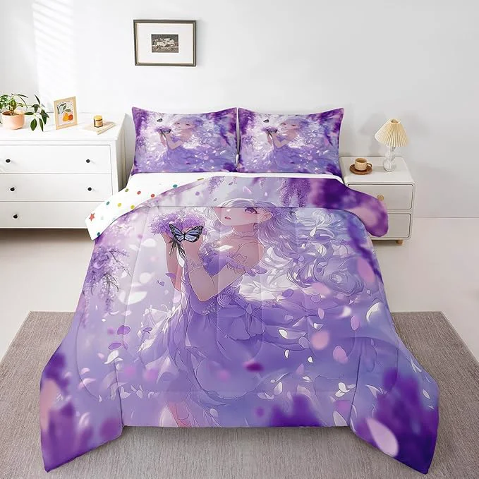 Premium Material Erosebridal Cute Kawaii Anime Girl Full Bedding Set Japanese Style Anime Kids Down Comforter Cartoon Print Comforter Set Purple Romantic Flower Butterfly Bed Set 2 Pillow Cases Carefully Designed