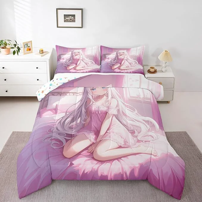 Verified Erosebridal King Size Japanese Anime Comforter Set for Kids Anime Girl Bedding Set Kawaii Japanese Style Quilt Cartoon Japan Animation Duvet Insert for Boys Teens Adult Women Bedroom Pink Specialty