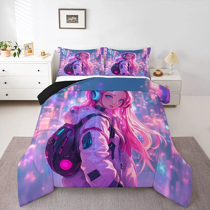 Proven Erosebridal Anime Girl Full Comforter Set Japanese Style 3D Anime Down Comforter for Kids Girls Boys Room Decor Sci Fi Style Gaming Bedding Set Hot Pink Colorful Bed Duvet Insert Reusable