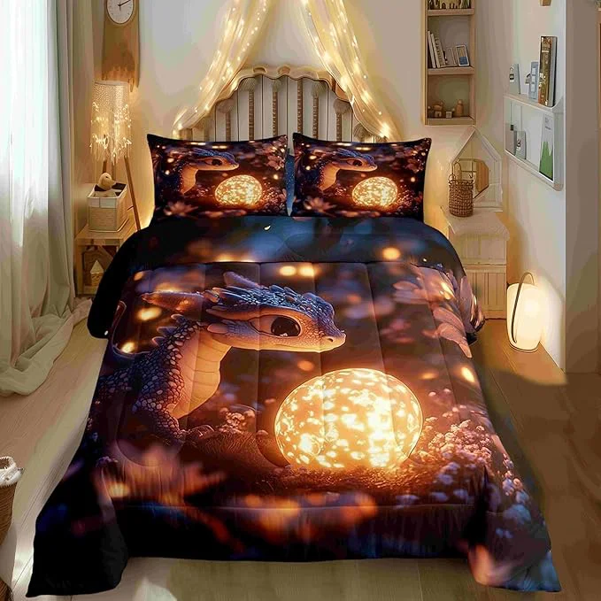 Fashionable Cartoon Dragon 3 Pcs Queen Size Comforter Set Mysterious Wild Animals Down Adults Bedroom Decor Cute Dragon Egg Ultra Soft Microfiber Inner Fill 3Pcs Bedding Carefully Designed