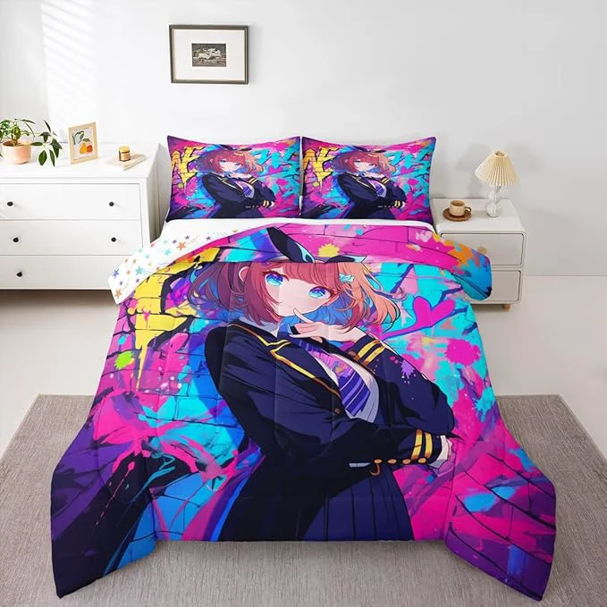Carefully Designed Erosebridal Girls Japanese Anime Comforter Set King Kawaii Anime Girl Bedding Set Cartoon Girl Duvet Insert for Kids Teens Adult Japanese Animation Sci Fi Style Quilt with 2 Pillow Cases Innovative