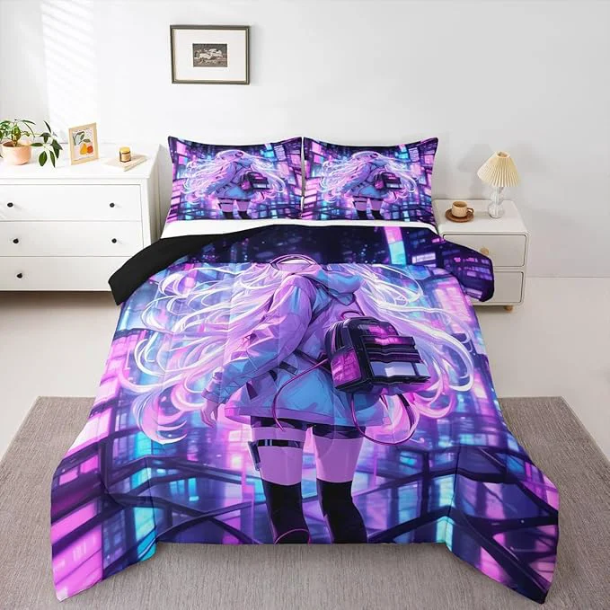 Traditional Erosebridal Japanese Girl Bedding Set Girly Anime Down Comforter for Kids Sci Fi Style Gaming Queen Comforter Set Room Decor 3 Pcs 3D Cartoon Anime Girl Duvet Insert 2 Pillow Cases Powerful