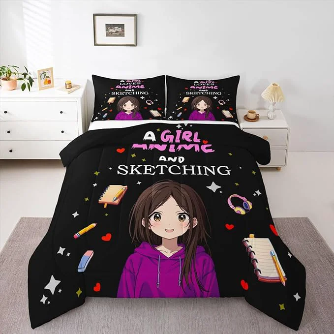 Authentic Erosebridal Japanese Girl Bedding Set Anime Cartoon Down Comforter Japanese Style Girly Black Queen Comforter Set Aesthetic Cool Anime Modern Art Quilt Set for Kids Bedroom Decor Long-Lasting
