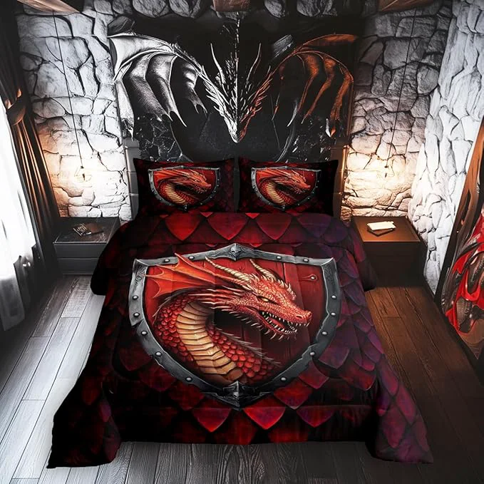 Contemporary Castle Fairy Dragon 3 Pcs Queen Size Comforter Set Dragon Scales Down Adults Room Decor Western Fierce Animals Ultra Soft Microfiber Inner Fill 3Pcs Bedding High-Performance