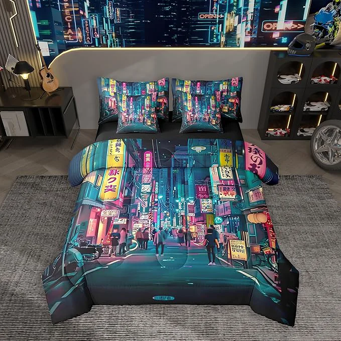 Eco-Friendly Feelyou Japanese Art Comforter Set 7 Pieces Twin Size Tokyo Anime Bedding Set for Boys Girls Japan Night City Bed in a Bag with Comforter Sheets Pillowcases amp Cushion Covers Elite