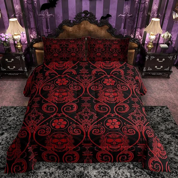 World-Class Feelyou Adults Red Vintage Damask Floral Comforter Set Oriental Antique Comforter Full Size Exotic Sugar Skull Rose Bedding Set Gothic Bohemia Boho Duvet Set Quilt Set 3Pcs Practical