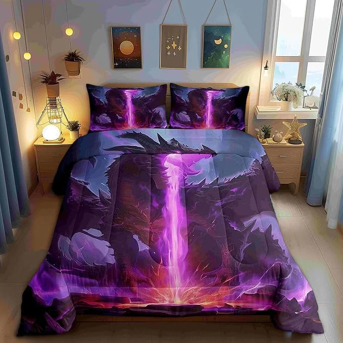 Reusable Castle Fairy Dragon Comforter Set Toddler Size Purple Lightning Flame Bedding Set for Kids Teens Mysterious Western Animals Down Comforter 2 Pcs 1 Pillowcase Sophisticated
