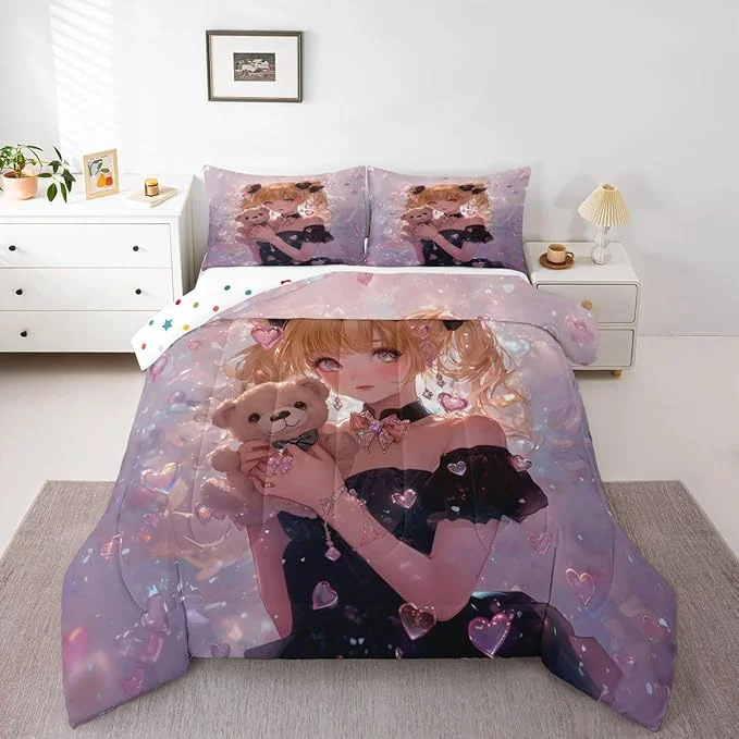 First-Class Erosebridal Bow Girls Full Down Comforter Pink Kawaii Cartoon Anime Kids Comforter Set with 2 Pillow Cases Romantic Aesthetic Princess Bedding Set Japanese Style Girl Bed Set Elegant