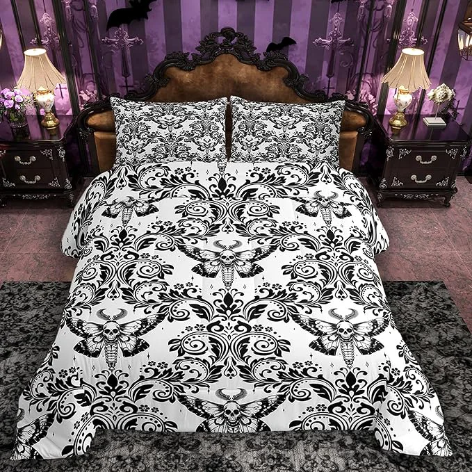 Exclusive Feelyou Adults White Vintage Damask Floral Comforter Set Oriental Antique Comforter Twin Size Gothic Bohemia Boho Flower Bedding Set Gothic Skull Duvet Set Quilt Set 2Pcs Soft