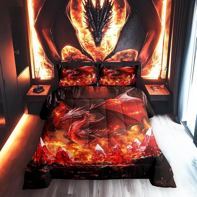 Solid Castle Fairy Western Fierce Animals 3 Pcs Comforter Duvet Set Glowing Flame Dragon Ultra Soft Bed Collection Dragon Bedding for Room Decor 3 Pcs Microfiber Breathable King Eco-Friendly