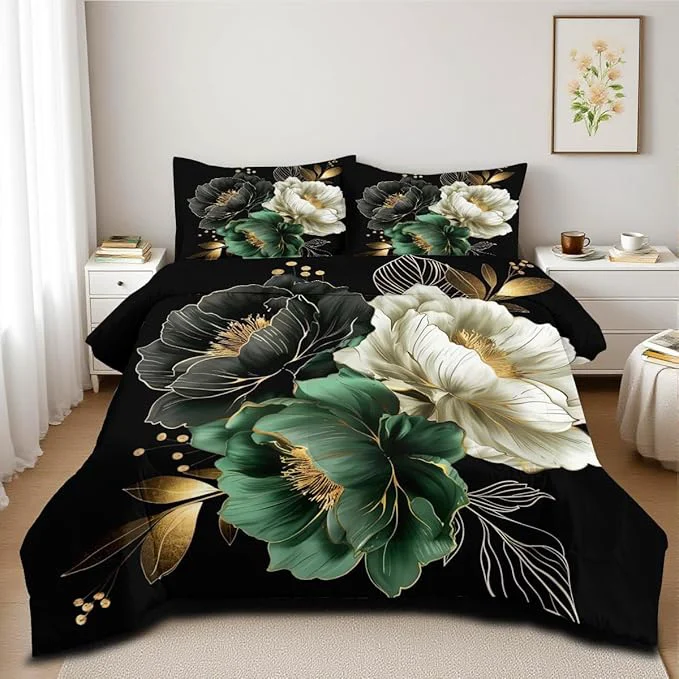 Trendy Floral Comforter Set Full 3Pcs Black and Green Retro Flower Bedding Set Vintage Aesthetic Elegant Botanical Flowers Bedding Ultra Soft Lightweight Comforter Sets for All Season Effective