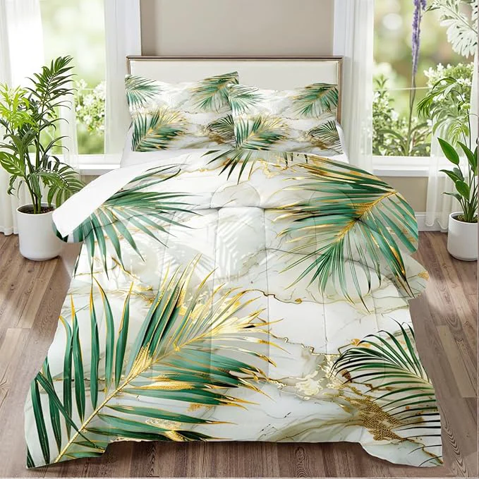 Superior Green Palm Leaf Comforter King Tropical Palm Leaves Comforter Sets Chic Botanical Leaf on White Gold Marble Comforter Set Aesthetic Art Bed Comforter with 2 Pillowcases Trendy