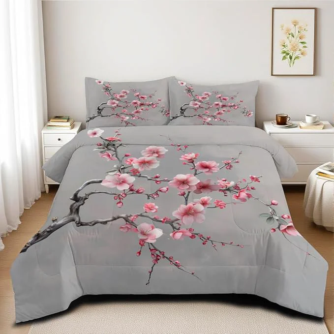 Trusted Cherry Blossom Comforter Set Queen Japanese Style Gray and Pink Floral Bedding Set Japan Bedroom Deccor Bedding Aesthetic Flower Branch Pattern Ultra Soft Lightweight Comforter Sets Refined