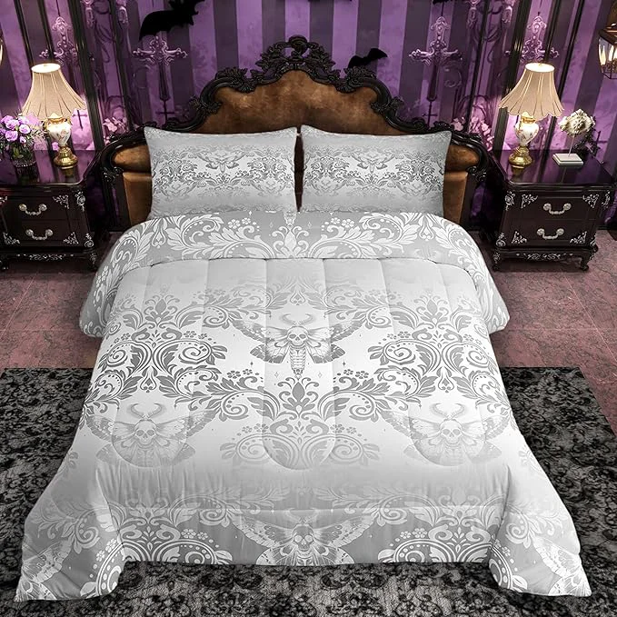 Organic Feelyou Adults Silver Vintage Damask Floral Comforter Set Oriental Antique Comforter Full Size Gothic Bohemia Boho Flower Bedding Set Gothic Skull Duvet Set Quilt Set 3Pcs Effective