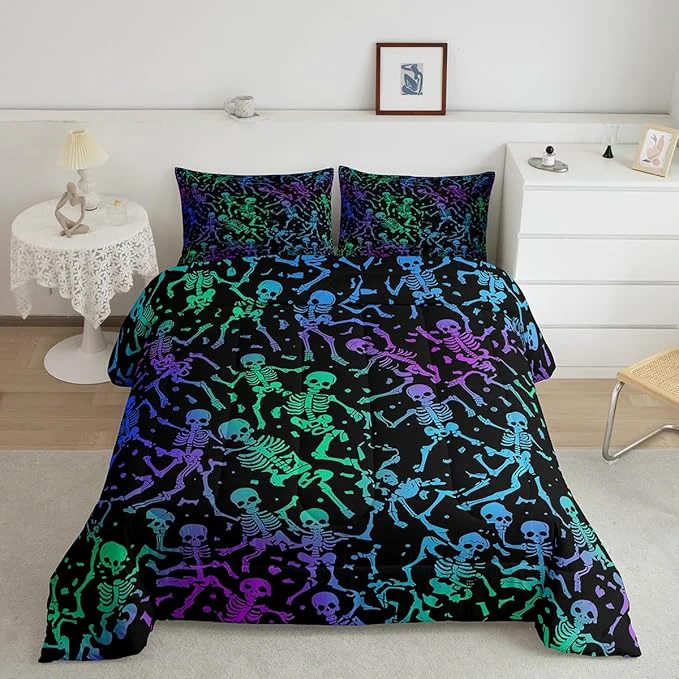 Elegant Erosebridal Sugar Skull Comforter Set Halloween Bedding Set King Size Green Blue Purple Ombre Down Comforter for Kids Boys Girls Skeleton Bones Quilted Duvet Warm Soft Horror Theme Bedroom Decor 3Pcs Original Design