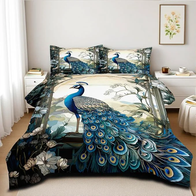 Stylish Blue Peacock Comforter Set King Size Bird and Floral Bedding Set Animal Feather Bedding Sets Victorian Style Flower Birds Comforters Soft Down Comforter Sets for All Season Safe