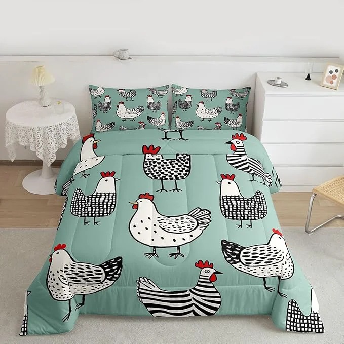 Breathable Erosebridal Chicken Comforter Cartoon Chick Bedding Set Cute Farmhouse Animal Down Comforter Twin Size Teal Black Quilted Duvet Lightweight Bedroom Decor for Kids Boys Girls 1 Pillow Case Effective