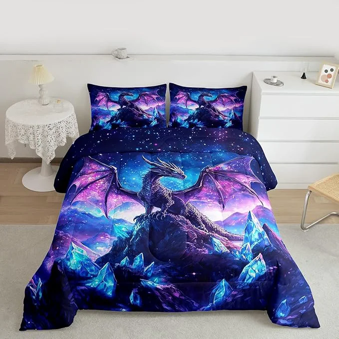 Genuine Castle Fairy Dragon Bed Comforter Set Queen Size Wild Animals Super Soft Microfiber Bedding Set for Girls Boys Iceberg Starry Sky Purple Decorative Quilter Set 3 Pcs Functional