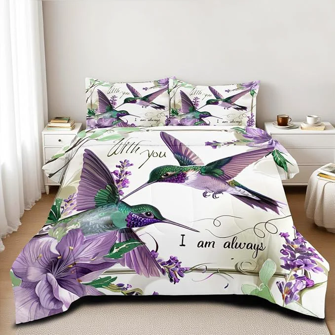 Luxury Hummingbird Comforter Set Queen Size Purple Floral Bird Bedding Set Tropical Birds Comforter Modern Aesthetic Bedding Teen Girls Boys Soft Down Comforter Sets for All Season Original