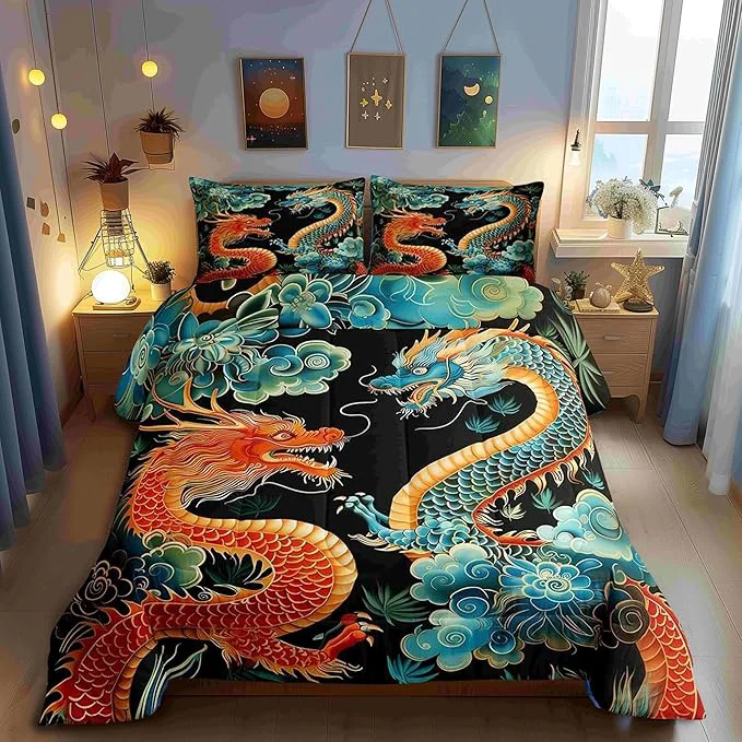 Sustainable Chinese Loong Twin Size Comforter Set for All Seasons Propitious Cloud Bedding Set Teens Bedroom Decor Wild Animals Dragon Comforter Inner Fill with 1 Pillowcase Outstanding