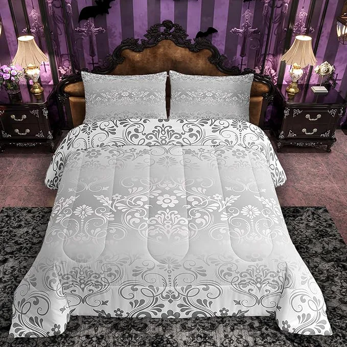 Exclusive Feelyou Adults Silver Vintage Damask Floral Comforter Set Oriental Antique Comforter Queen Size Gothic Bohemia Boho Flower Bedding Set Bohemian Exotic Duvet Set Quilt Set 3Pcs Reusable