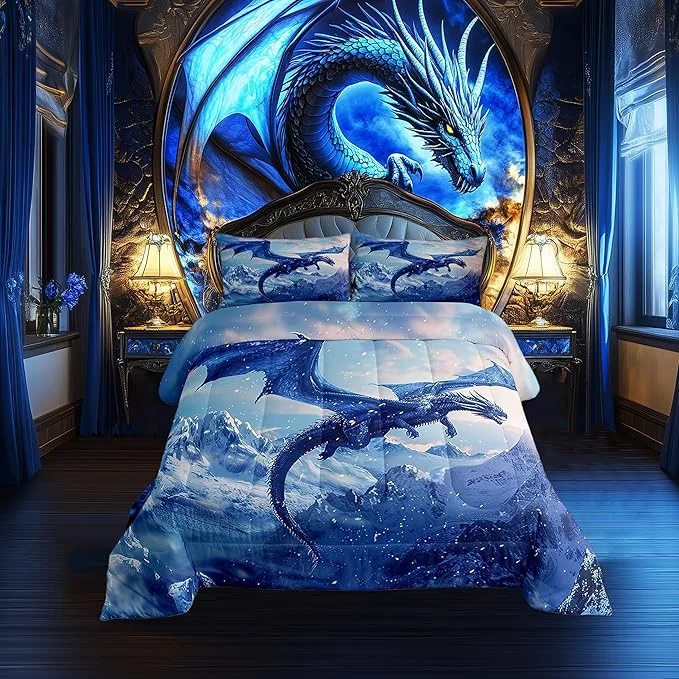 Efficient Teens Blue Dragon Comforter Set Queen Size Snow Mountain Bedding Set for Kids Boys Girls Bedroom Decoration Flying Dragon Bed Duvet Insert Winter Snow Scenery Comforter with 2 Pillowcases Original Design
