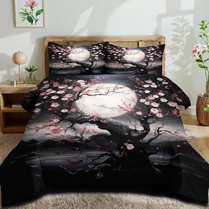 Artisan Japanese Style Cherry Blossom Comforter Set King Pink Cherry Blossoms Bedding Black Floral Bedding Set 3Pcs Oriental Comforter Asian Art Decorative Bedding Comforter Set for All Season Professional
