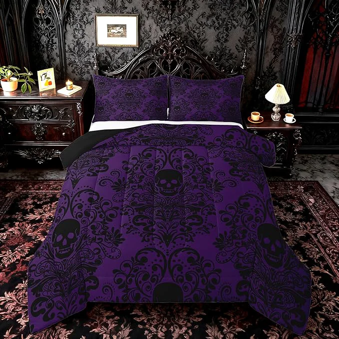 Elegant Feelyou Adults Gothic Skull Bedding Set King Size Kids Damask Print Comforter Goth Bohemian Duvet Breathable Soft Lightweight Microfiber Black Purple Room Decor with 2 Pillowcases Certified