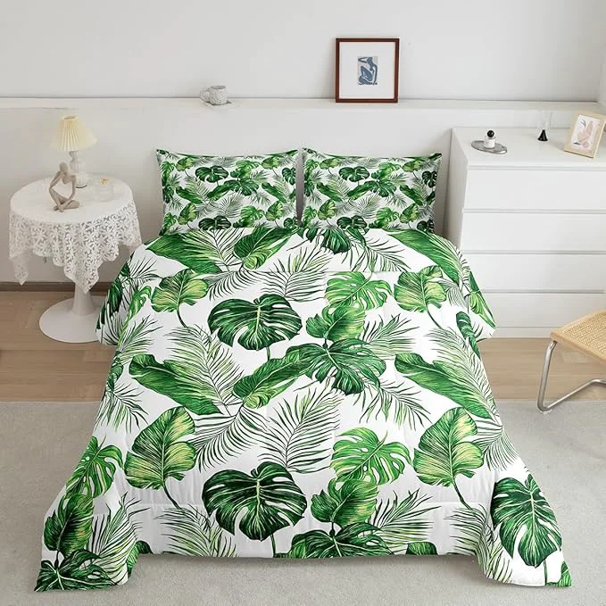 Responsible Erosebridal Palm Leaves Comforter Set Hawaiian Bedding Set Monstera Banana Leaves Down Comforter King Size Summer Tropical Leaves Quilt Set Green White Lightweight 3Pcs Bedroom Decor Sophisticated