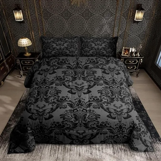 Clean Feelyou Adults Gothic Comforter Set Queen Size Dark Olive Green Damask Comforter Death Moth Bohemia Boho Bedding Set Goth Skull Duvet Set Vintage Victorian Baroque Floral Quilt Set 3Pcs Authentic
