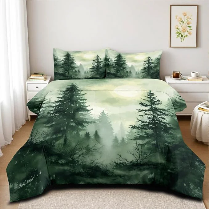 Flexible Olive Green Botanical Comforter Set Queen Size Green Woodland Forest Tree Comforters Ombre Nature Landscape Bedding Set Army Green Pine Trees Bedding Ultra Soft Microfiber Outstanding
