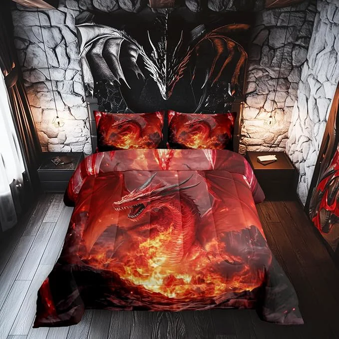 Durable Castle Fairy Dragon Boys Girls Comforter Set Wild Animals Cool al Style Duvet Set for Room Decor Glowing Flame Dragon Brushed Microfiber Soft Quilt Cover Full Premium Material